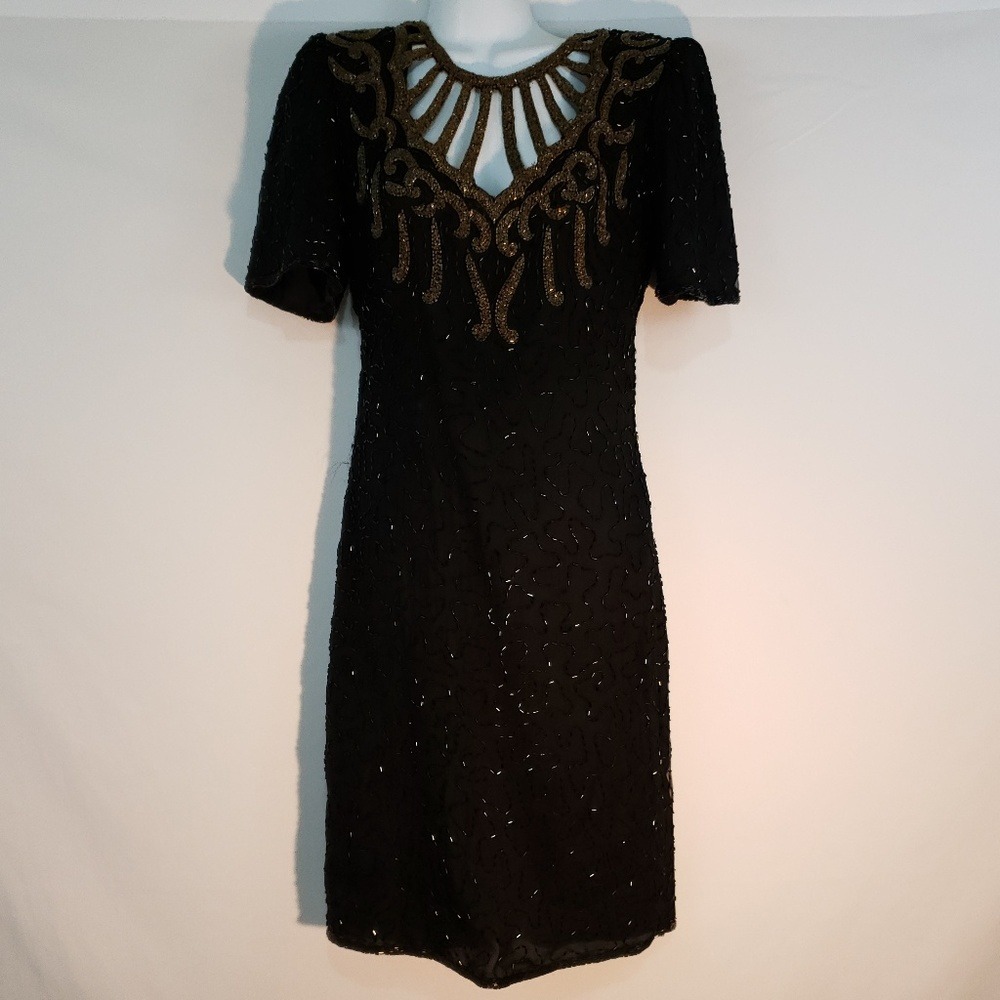 Lawrence Kazar Dress Vintage Pure Silk Black and Gold‎ Beaded Size Small